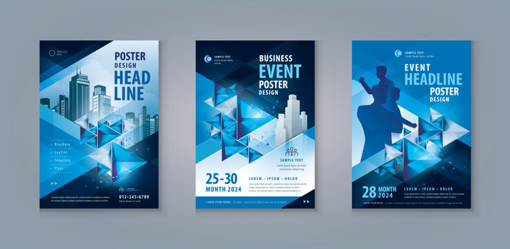 Business Flyer Poster Design Set. Layout Template, Abstract Blue Geometric Triangle Background, leaflet, cover brochure, invitation Card, presentation,