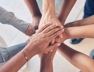 Teamwork, hands together and team building of business people with support, collaboration or startup mission for company background. Hand stack sign, community and solidarity group in diversity above