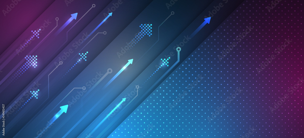 Poster Modern high-tech background for presentations and websites. Abstract background with glowing dynamic lines. Futuristic red-blue stripes with arrows.