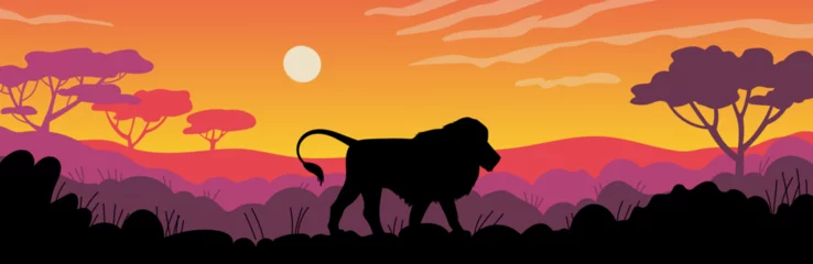  African savannah landscape with lion silhouette, flat vector illustration. © sabelskaya