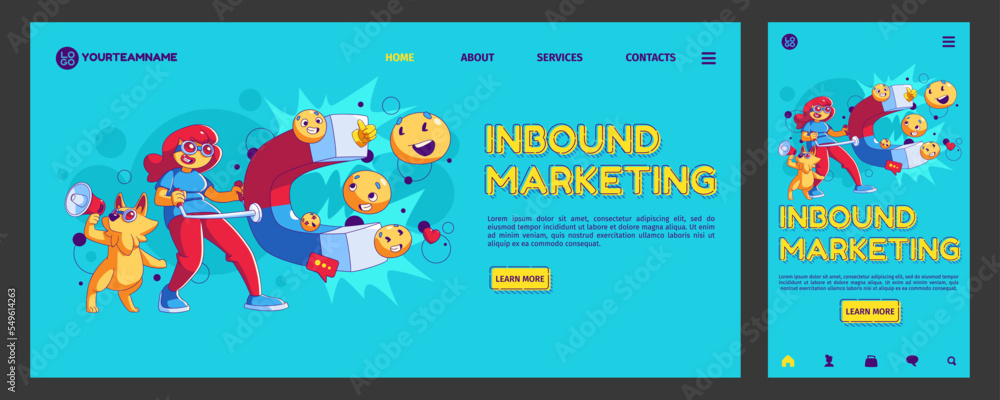 Poster inbound marketing landing page, app ui ux onboard screen. digital concept with contemporary characte
