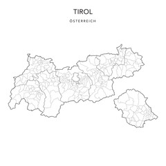 Administrative Map of the State of Tyrol (Tirol) with Municipalities (Gemeinden) and Districts (Bezirke) as of 2022 - Austria - Vector Map - obrazy, fototapety, plakaty