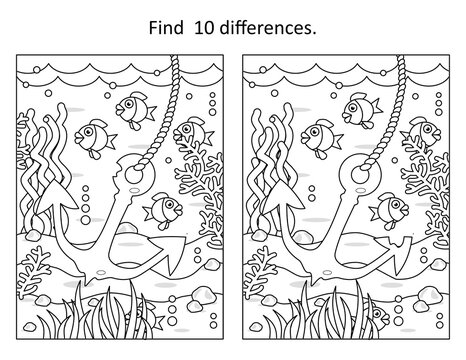 Underwater difference game with anchor and sea life
