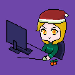 Pixel girl with santa hat, christmas style, anime character