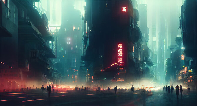 Concept art illustration of asian cyberpunk sci-fi dystopian city