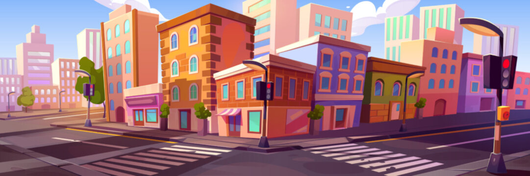 City street with old houses, car road intersection with pedestrian crosswalk and traffic light. Old town landscape with retro buildings and crossroad, vector cartoon illustration