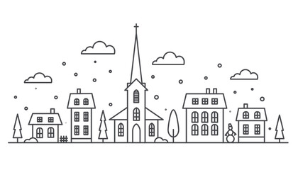 Suburban neighborhood winter landscape. Silhouette of houses and church on the skyline with snowflakes. Countryside cottage homes. Outline vector illustration.