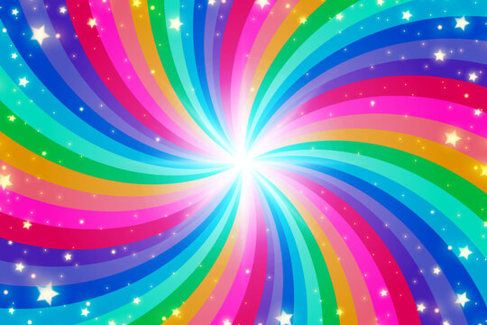 Rainbow swirl background with stars. Radial gradient rainbow of twisted spiral. Vector illustration.