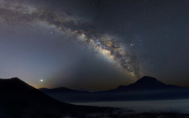 Mountain silhouettes in the night, Amazing Panorama blue night sky milky way, star, constellation on dark background.Universe filled with stars, nebula and galaxy with noise and grain.