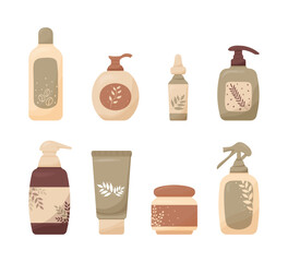 Set of various colorful cosmetic bottles, jars and tubes with herbal decoration on labels. Eco-friendly cream, lotion, shampoo, soap, foam, shower gel clipart for design. Isolated on white background.