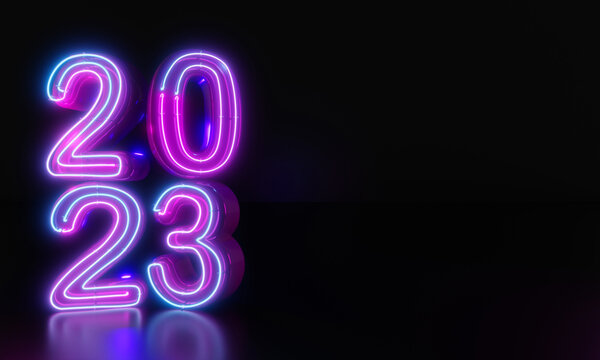 2023 New year neon style. 3D Illustration