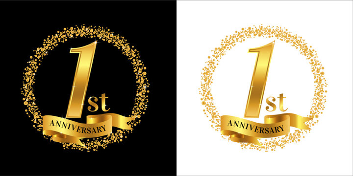 1st Anniversary logo with golden color, ribbon, and circle sparkle, elegant anniversary logo vector design for greeting card