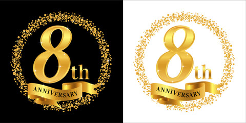 8th Anniversary logo with golden color, ribbon, and circle sparkle, elegant anniversary logo vector design for greeting card