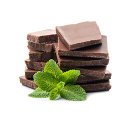 Dark chocolate candy with mint leaves