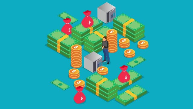 Businessman stand with stack of money and vault