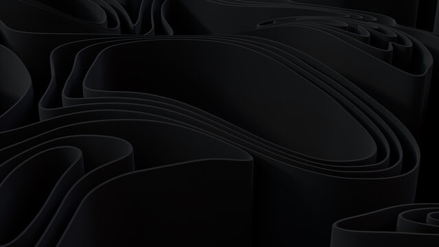 Abstract background formed from Black 3D Ribbons. Dark 3D Render.  