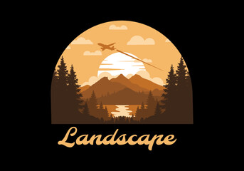 Landscape illustration of a forest, lake and plane above the clouds