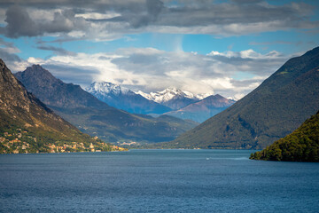 Dramatic sunset over Lake Lugano in swiss Alps, Switzerland