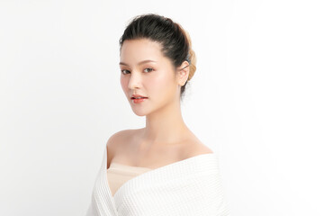 Beautiful young asian woman with clean fresh skin on white background, Face care, Facial treatment, Cosmetology, beauty and spa, Asian women portrait.