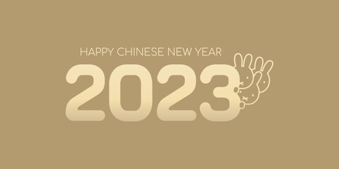 2023 Happy Chinese New Year, Number logo with 3 cute rabbit pop out behind number line art by gold gradient isolated on gold background.