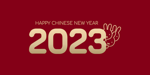 2023 Happy Chinese New Year, Number logo with 3 cute rabbit pop out behind number line art by gold gradient isolated on red background.