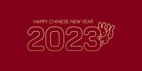 2023 Happy Chinese New Year, Number logo with 3 cute rabbit pop out behind number line art by gold gradient isolated on red background.