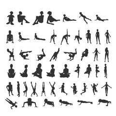 Female silhouettes set. Beautiful young girls with different poses isolated. Icons collection. Fitness and relaxation
