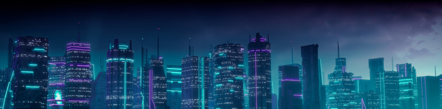 Sci-fi Cityscape with Purple and Cyan Neon lights. Night scene with Advanced Architecture.