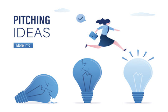 Pitching new ideas. Brainstorming concept, smart business woman jump from old to new shiny light bulb idea. Business transformation, change management, transition to better innovative company
