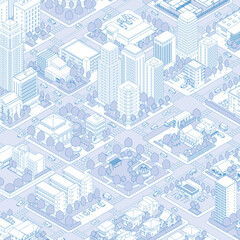 街並みの立体図. 都市の景観. 線画のイラスト.