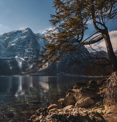 Landscape of Snowy Mountains Alps by lake coast with trees in Hallstatt, Austria with blue sky
