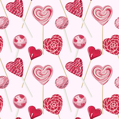 Heart-shaped lollipops seamless pattern. For valentine s day. Pattern for Wrapping paper, postcards, textiles, wallpapers, fabrics, etc. Cartoon style, vector illustration.
