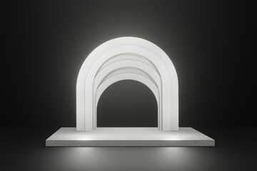 empty stage podium with white shining arch on dark background, paradise arch scene 3d render..