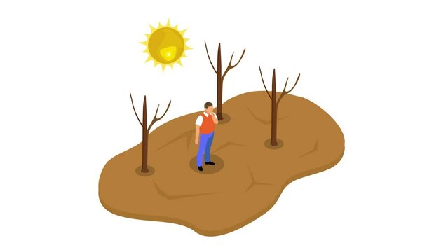 Young man standing on dried soil with dead trees