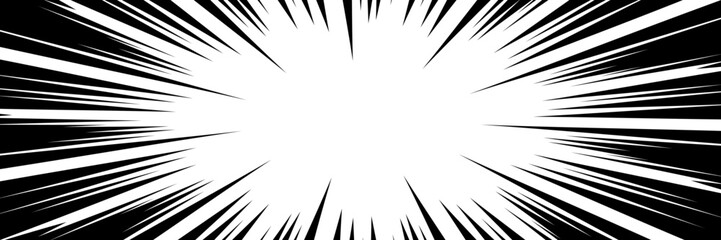 モノクロの集中線背景素材、コミック風のベタフラッシュ（横長）