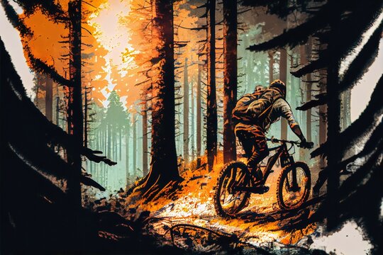 Downhill fun mountain biking, sport, extreme trees forest path trail artistic background