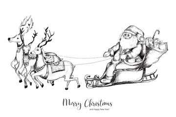 Merry christmas with santa claus reindeers sketch card background