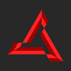 Triangle shape 3d logo alliance, creative construction cyclic geometric form, red logotype for association or union.