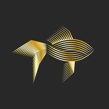 Goldfish logo concept parallel line art, gold fish abstract linear silhouette, jewelry emblem a thin lines golden gradient.