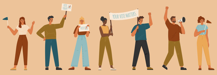 Your vote matters social campaign concept vector banner. Crowd of man and woman holding posters and signs. People activists, political election campaign, public demonstration