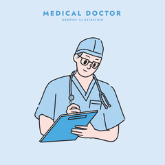 Illustration of a male doctor wearing a surgical suit and writing a medical certificate