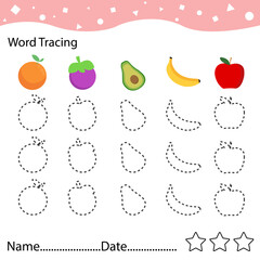 Handwriting practice sheet with Banana, Grape, Mangosteen, Apple, Avocado. Basic writing. Educational game for children.