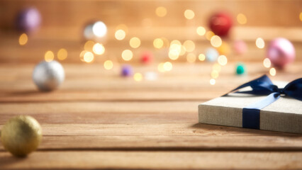 Naklejka premium christmas gifts with natural wood background and lights