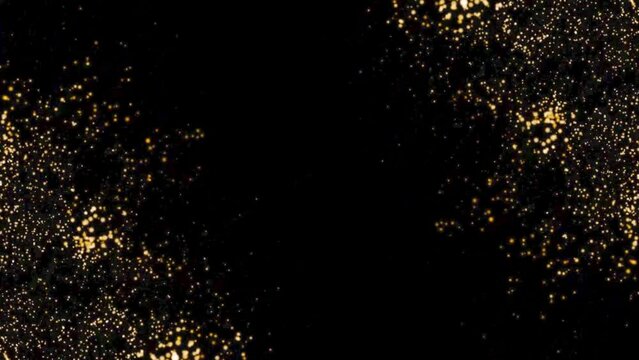 Particles Moving Background. fast energy flying wave line with flash lights. Particle from below. Particle gold dust flickering on black background. Abstract Footage background for text.