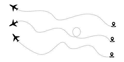Vector illustration of Airplane dotted line route icon set isolated