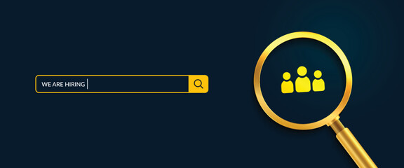 We are hiring background with realistic golden magnifying glass, Job vacancy concept, Business recruitment join our team announcement