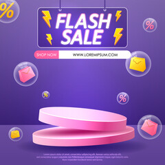Flash sale promo banner template with podium and flying discount label, sale and discount background. Vector illustration