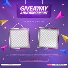 Giveaway winner announcement social media post template. Vector illustration