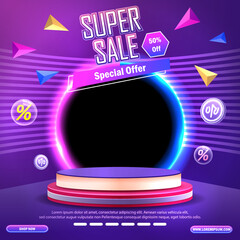 Super Sale Podium With 50% Discount Offer On Purple Background. Super sale promo banner neon style template on abstract background. Vector illustration