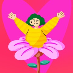 Woman with short wavy hair comes out with open arms from a flower with a heart in the background